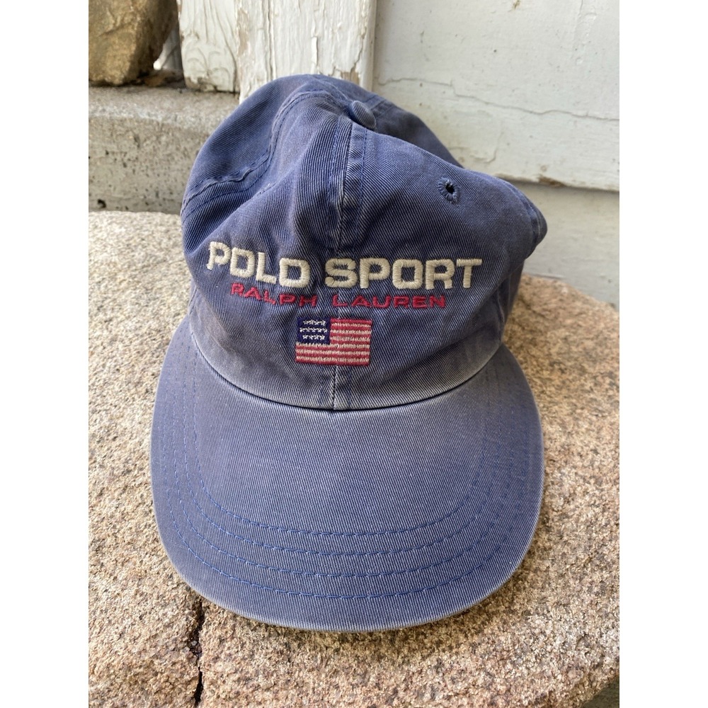 Vintage Polo Sport Hat Ralph Lauren Faded Thrashed Navy Blue USA-Made Flag 90s